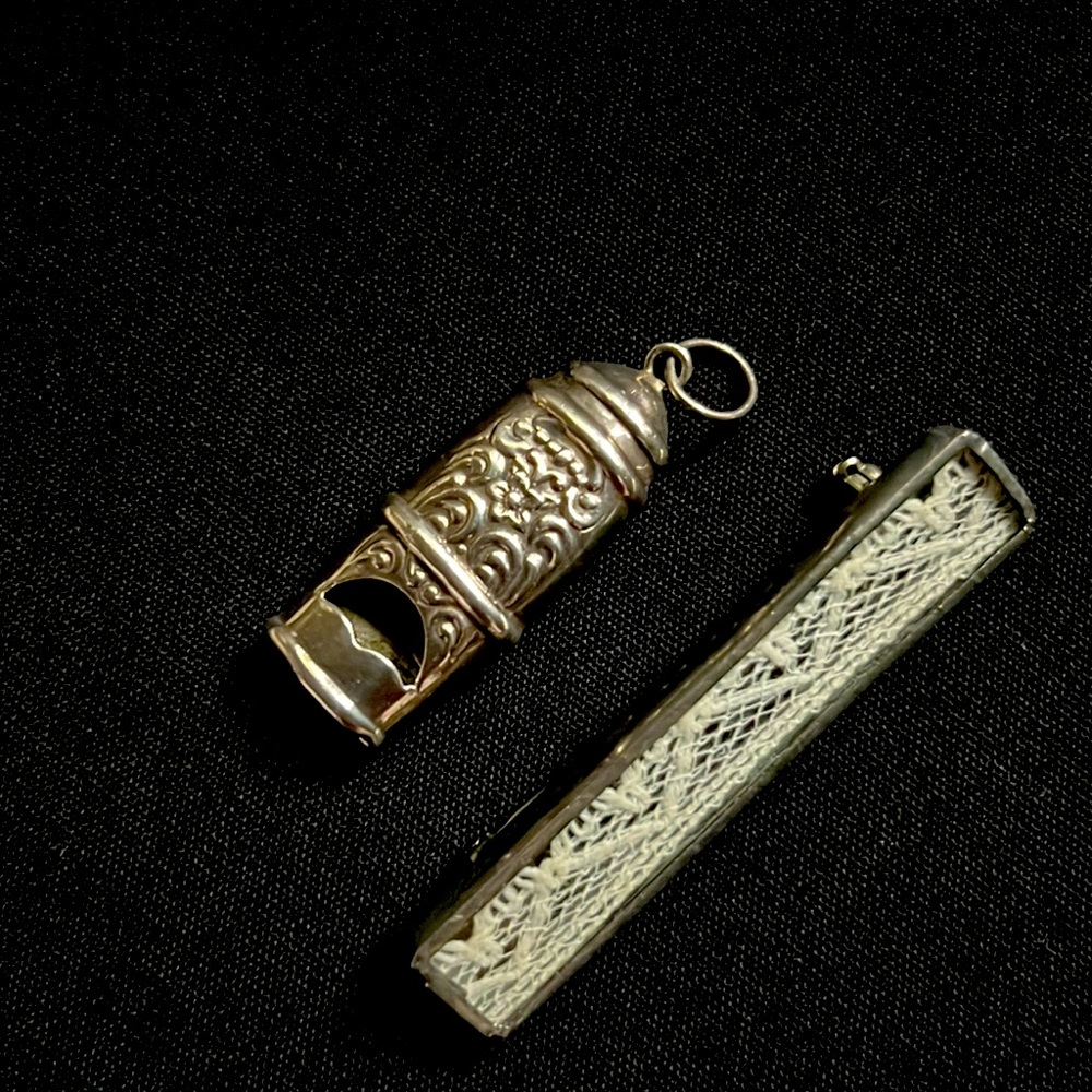 STERLING SILVER vintage whistle pendant and framed lace pin